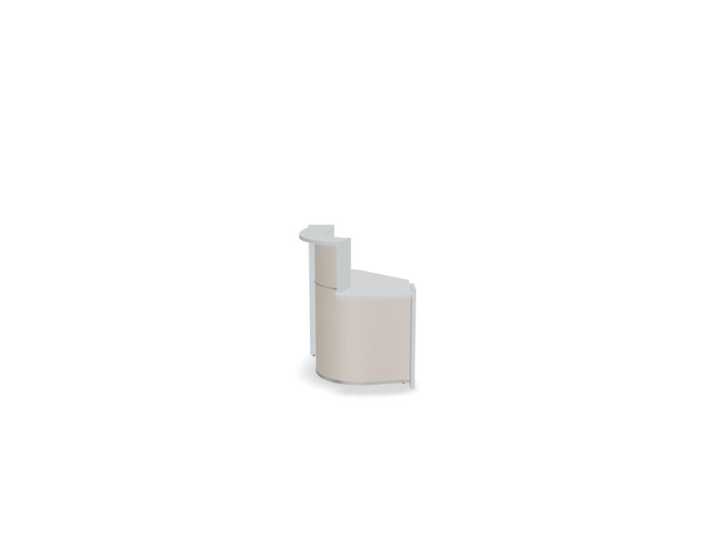 Empfangstheke Wave von Mdd in Weiss Pastell mit organischer HPL-Front, Aluminiumstreifen und modularer Wellenform-Konstruktion.