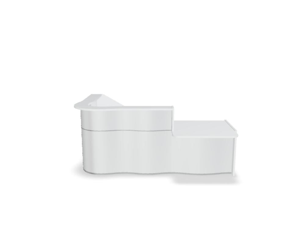 Empfangstheke Wave von Mdd in Weiss Pastell mit organischer HPL-Front, Aluminiumstreifen und modularer Wellenform-Konstruktion.