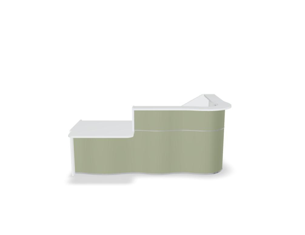 Empfangstheke Wave von Mdd in Weiss Pastell mit organischer HPL-Front, Aluminiumstreifen und modularer Wellenform-Konstruktion.