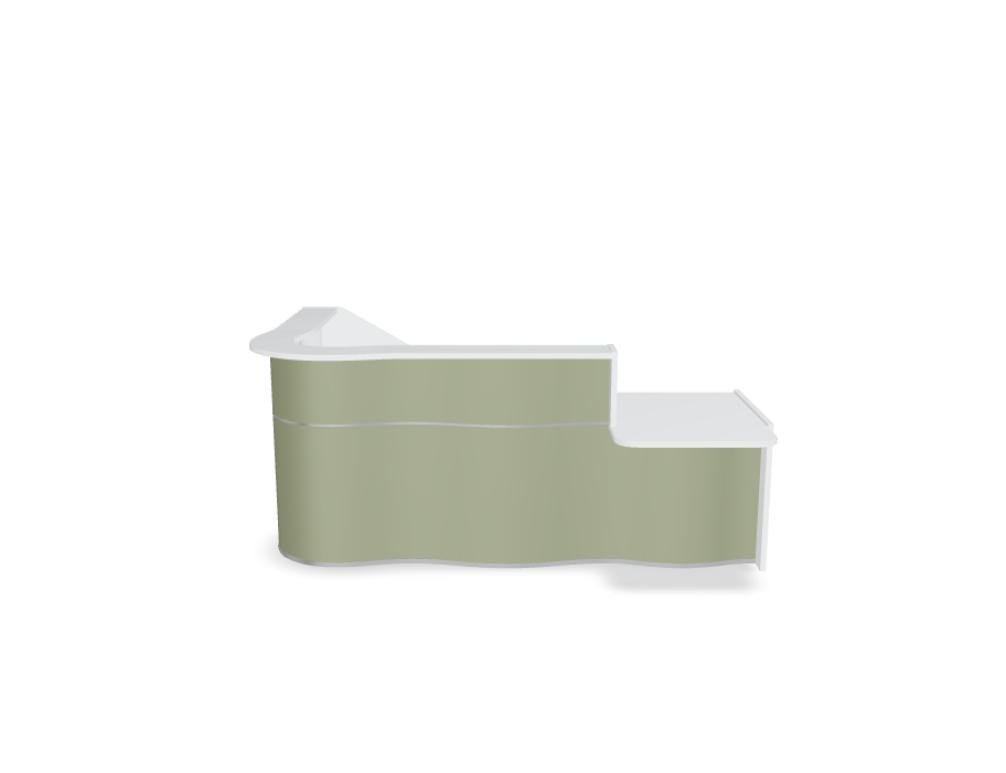Empfangstheke Wave von Mdd in Weiss Pastell mit organischer HPL-Front, Aluminiumstreifen und modularer Wellenform-Konstruktion.