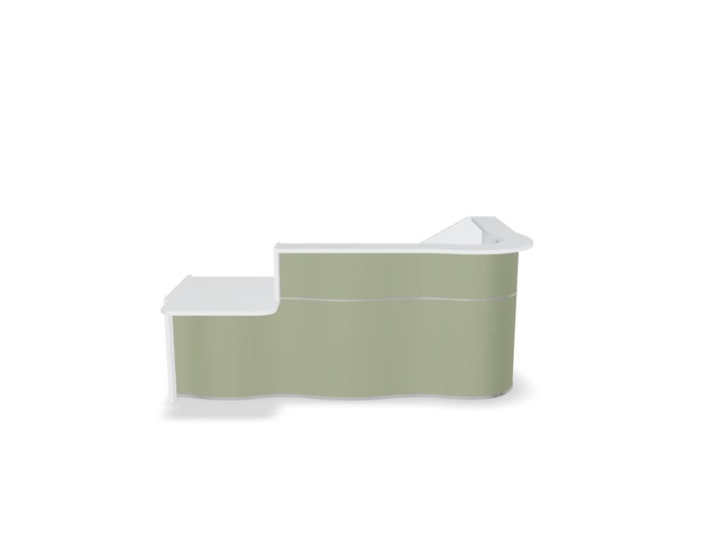 Empfangstheke Wave von Mdd in Weiss Pastell mit organischer HPL-Front, Aluminiumstreifen und modularer Wellenform-Konstruktion.