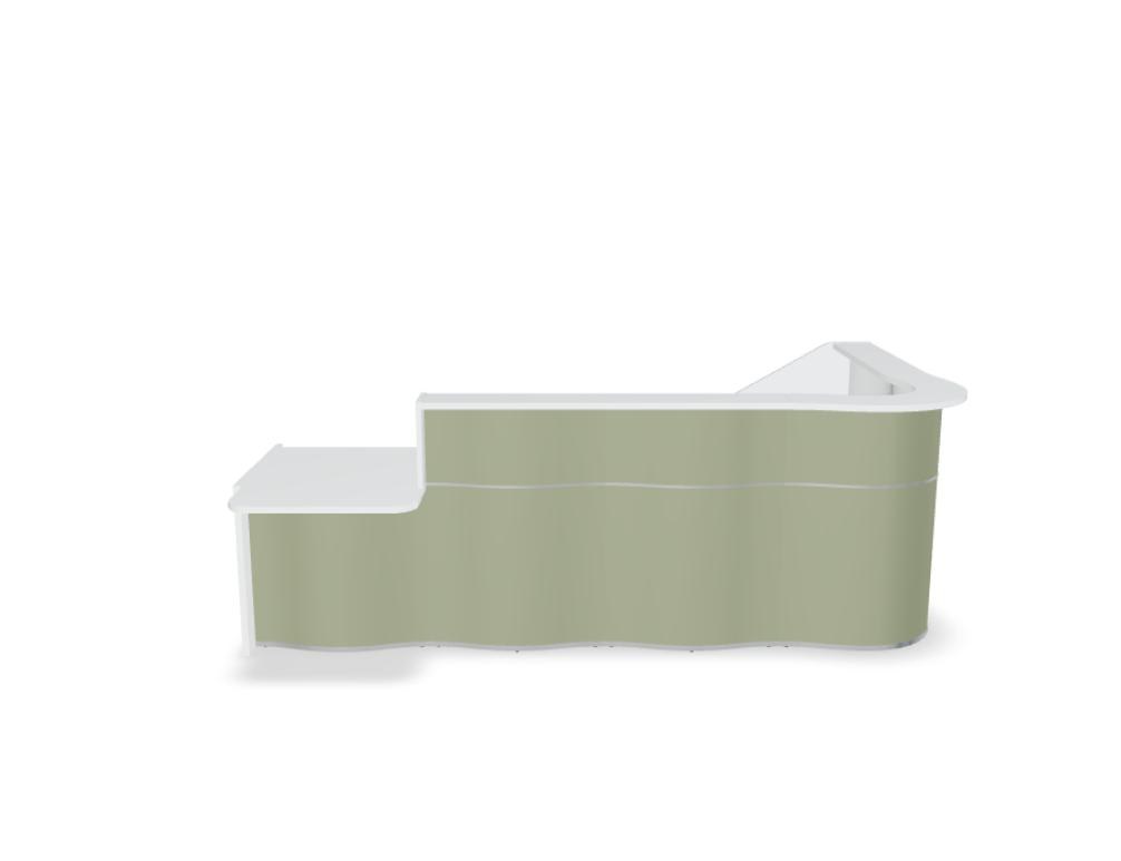 Empfangstheke Wave von Mdd in Weiss Pastell mit organischer HPL-Front, Aluminiumstreifen und modularer Wellenform-Konstruktion.