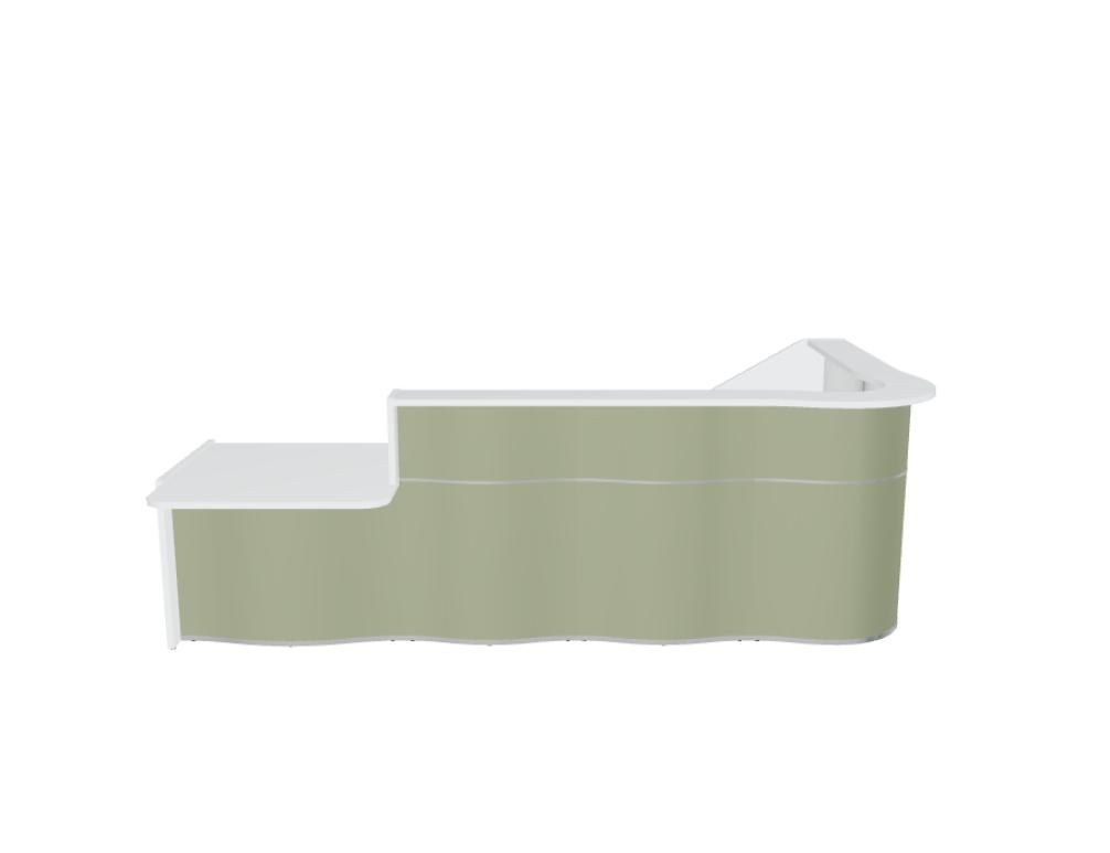 Empfangstheke Wave von Mdd in Weiss Pastell mit organischer HPL-Front, Aluminiumstreifen und modularer Wellenform-Konstruktion.