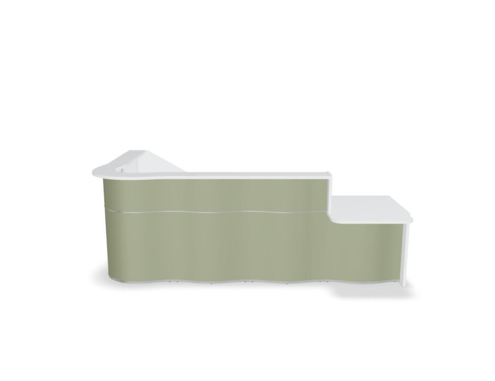 Empfangstheke Wave von Mdd in Weiss Pastell mit organischer HPL-Front, Aluminiumstreifen und modularer Wellenform-Konstruktion.