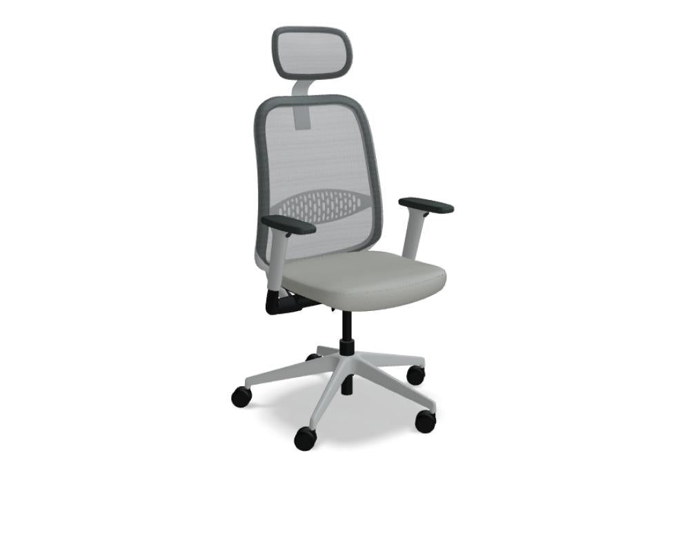 Astronautisch inspiriertes Design des Astro ASR01 Bürostuhls von Mdd: schwarzer Netzbezug, verstellbare Armlehnen, Rückenlehnenschutz, moderne weiße Akzente, ergonomische Formkante