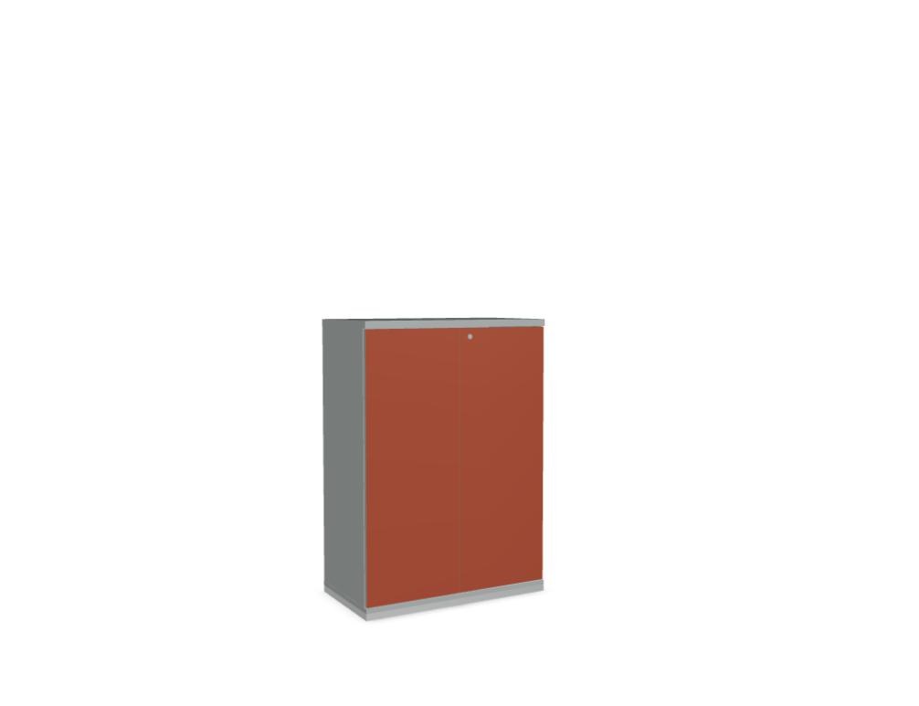 Büroschrank Color von Mdd mit Front aus farbigem HPL, Push-to-Open-System und Oberplatte in Aluminium Satinato, Melaminplatte.