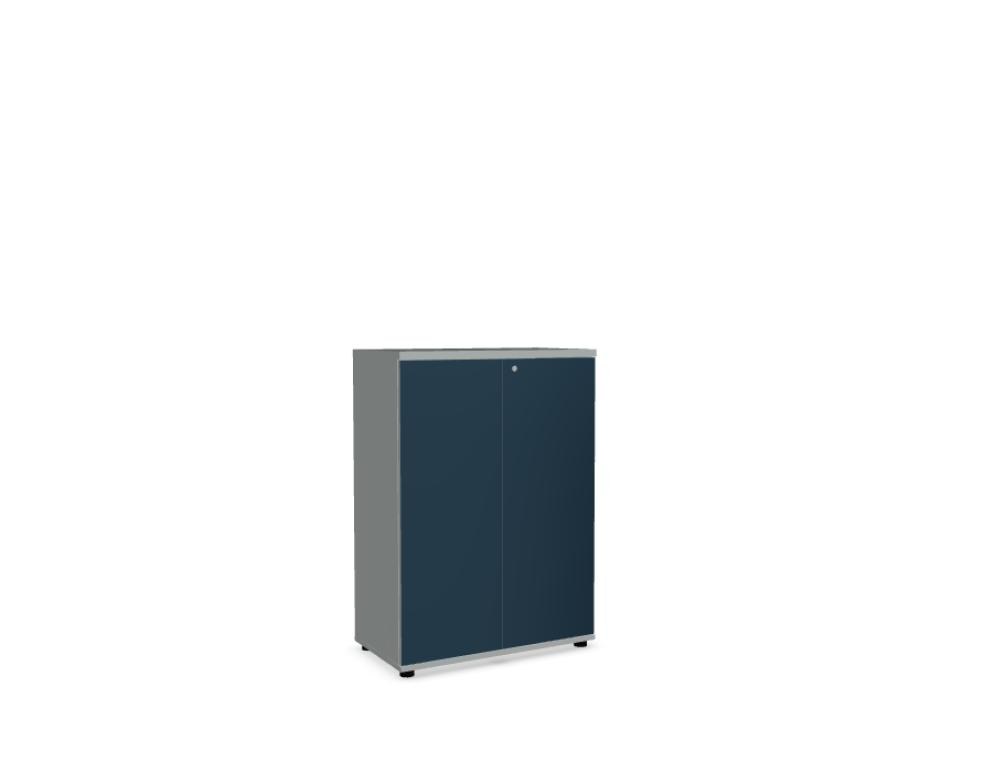 Büroschrank Color von Mdd mit Front aus farbigem HPL, Push-to-Open-System und Oberplatte in Aluminium Satinato, Melaminplatte.