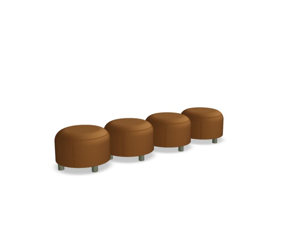 Gelbe Sitzhocker aus Spanplatte mit Schaumstoffpolsterung, Metallbeine, modular kombinierbar zu einem Pouf-Sitzsystem.