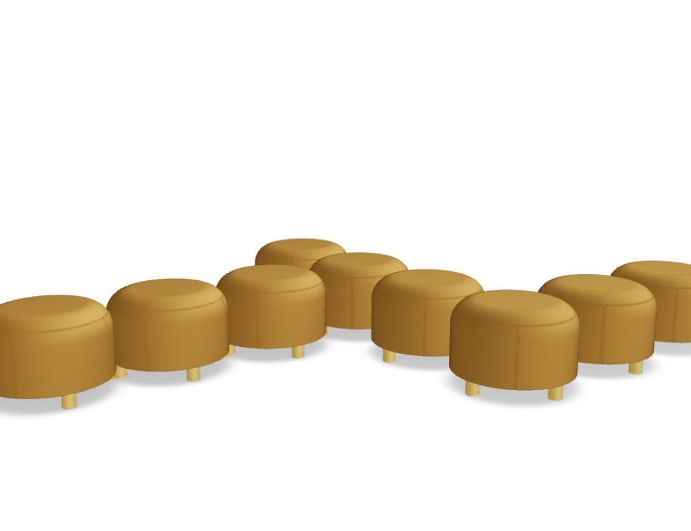 Gelbe Sitzhocker aus Spanplatte mit Schaumstoffpolsterung, Metallbeine, modular kombinierbar zu einem Pouf-Sitzsystem.