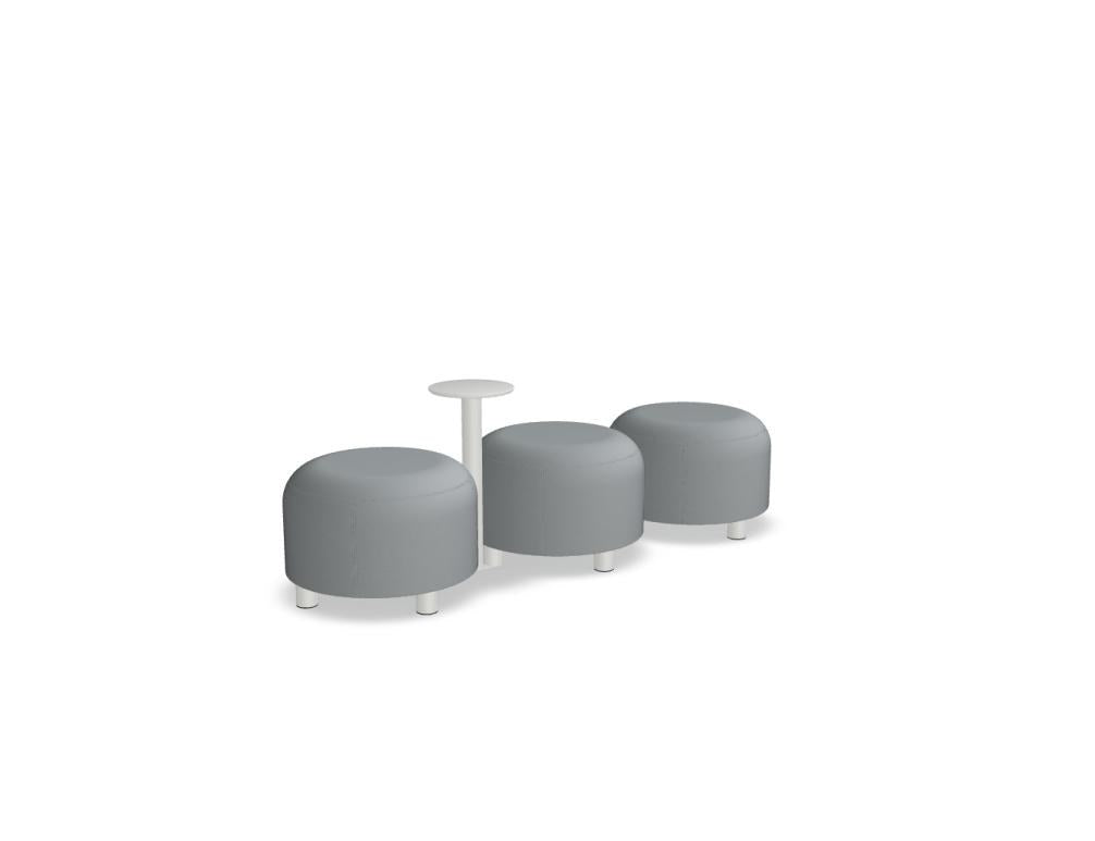 Gelbe Sitzhocker aus Spanplatte mit Schaumstoffpolsterung, Metallbeine, modular kombinierbar zu einem Pouf-Sitzsystem.