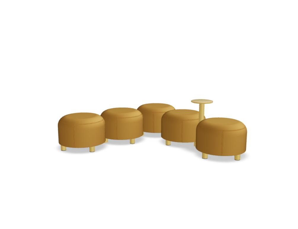 Gelbe Sitzhocker aus Spanplatte mit Schaumstoffpolsterung, Metallbeine, modular kombinierbar zu einem Pouf-Sitzsystem.