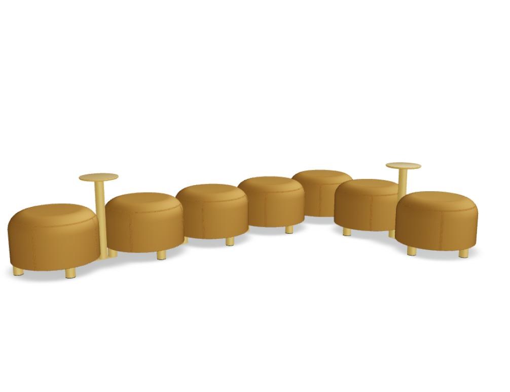 Gelbe Sitzhocker aus Spanplatte mit Schaumstoffpolsterung, Metallbeine, modular kombinierbar zu einem Pouf-Sitzsystem.