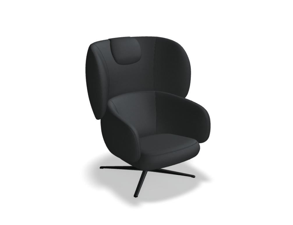 Drehsessel Grand Grace von Mdd in Dunkelbeige mit gepolsterter Kopfstütze, geformter Rückenlehne und drehbarem Aluminium-Kreuzfuss.