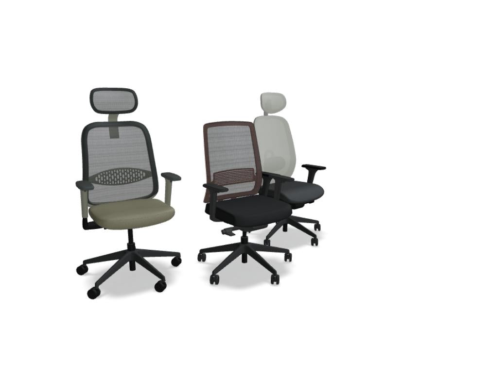 Drei Bürostühle der Modelle Astro, Ollie und Apex von Mdd nebeneinander, mit unterschiedlichen Farben, Armlehnen und Rollen für weiche Böden.