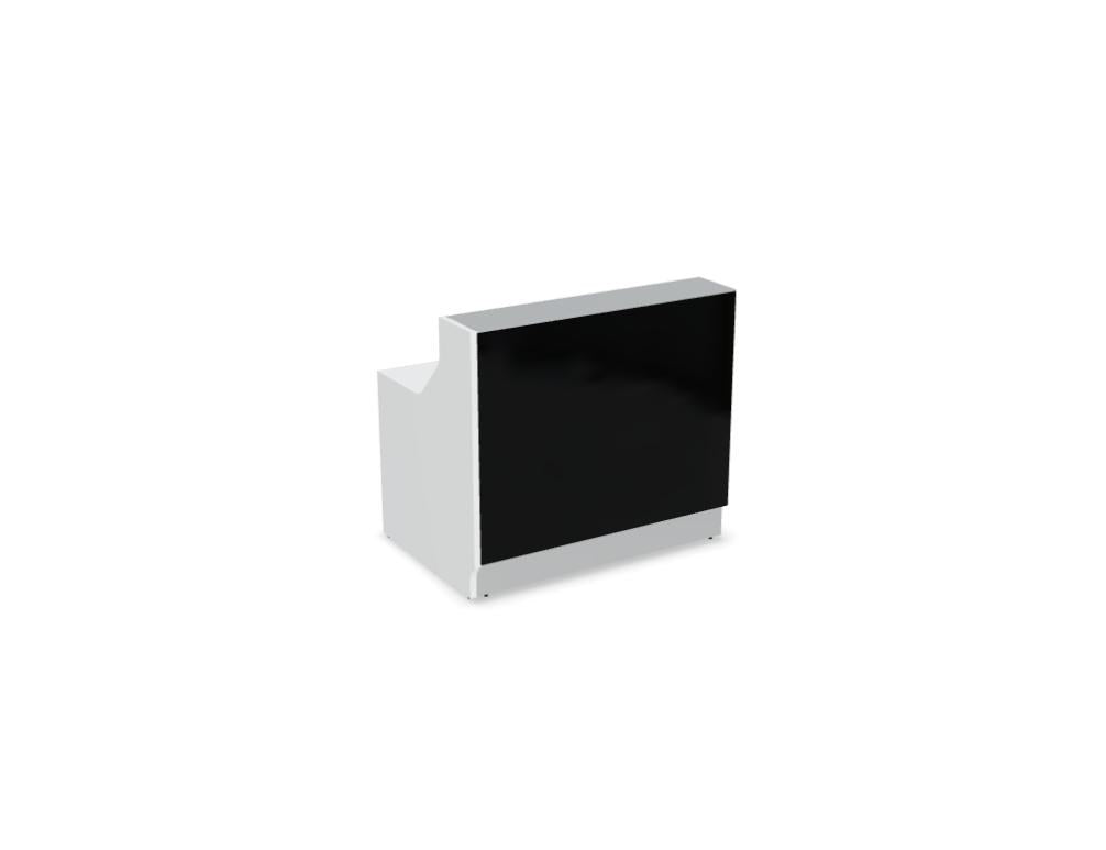 Empfangstheke Linea von Mdd mit silberner Glasfront, gebürstetem Aluminiumsockel und Edelstahl-Eckleiste, LED-Beleuchtung entlang der Theke.