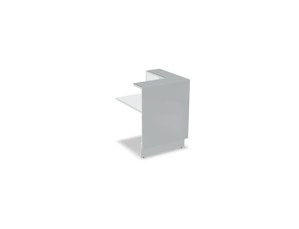 Empfangstheke Linea von Mdd mit silberner Glasfront, gebürstetem Aluminiumsockel und Edelstahl-Eckleiste, LED-Beleuchtung entlang der Theke.