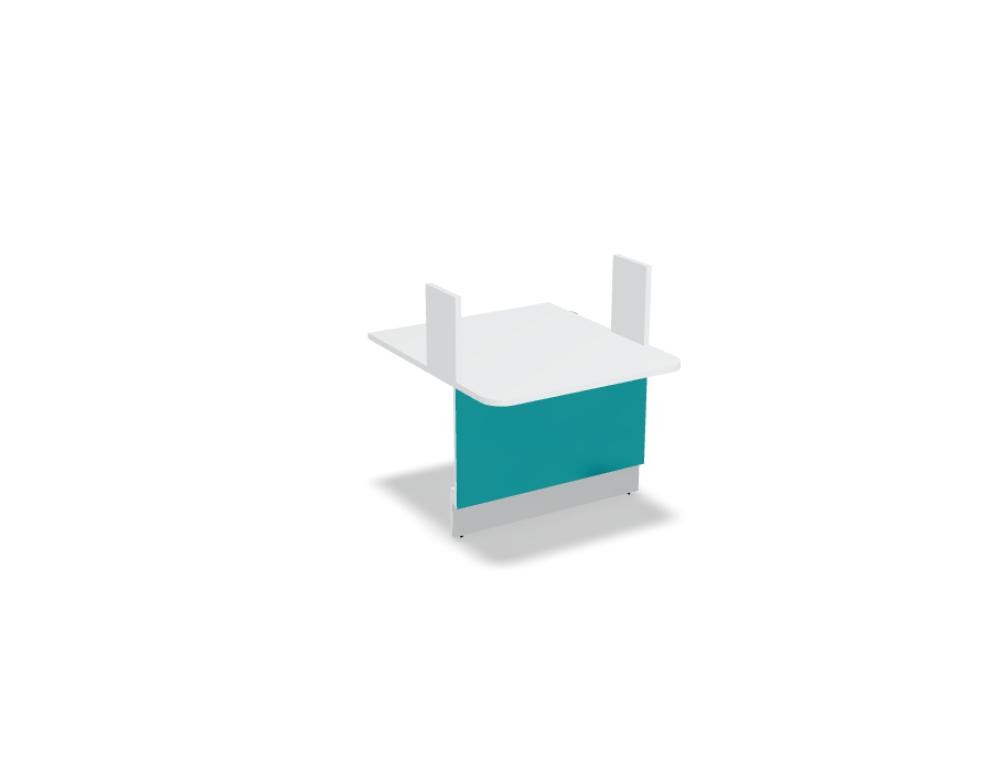 Empfangstheke Linea von Mdd mit silberner Glasfront, gebürstetem Aluminiumsockel und Edelstahl-Eckleiste, LED-Beleuchtung entlang der Theke.