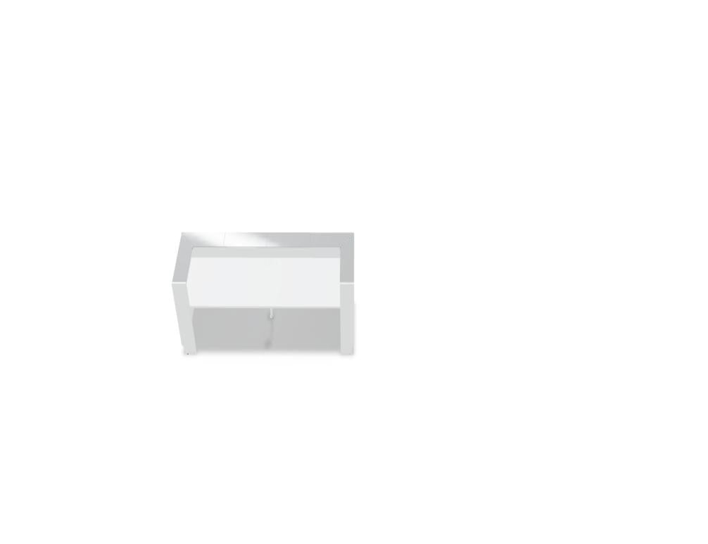 Empfangstheke Linea von Mdd mit silberner Glasfront, gebürstetem Aluminiumsockel und Edelstahl-Eckleiste, LED-Beleuchtung entlang der Theke.