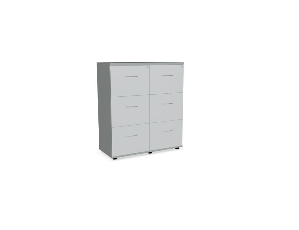 Foto eines Hängeregisterschranks von Mdd mit Front in Eiche Natur, Melamin-Korpus und Aluminium-Standardgriffen für die Büroaufbewahrung.