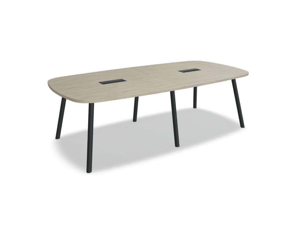 Bild eines eleganten Esstisches Echo ETM1224B von MDD in moderner Küche/Esszimmer-Szenerie. Massives Holzdesign, helle Oberflächen, klare Linien, geräumige Tischplatte mit grifffreier Optik.
