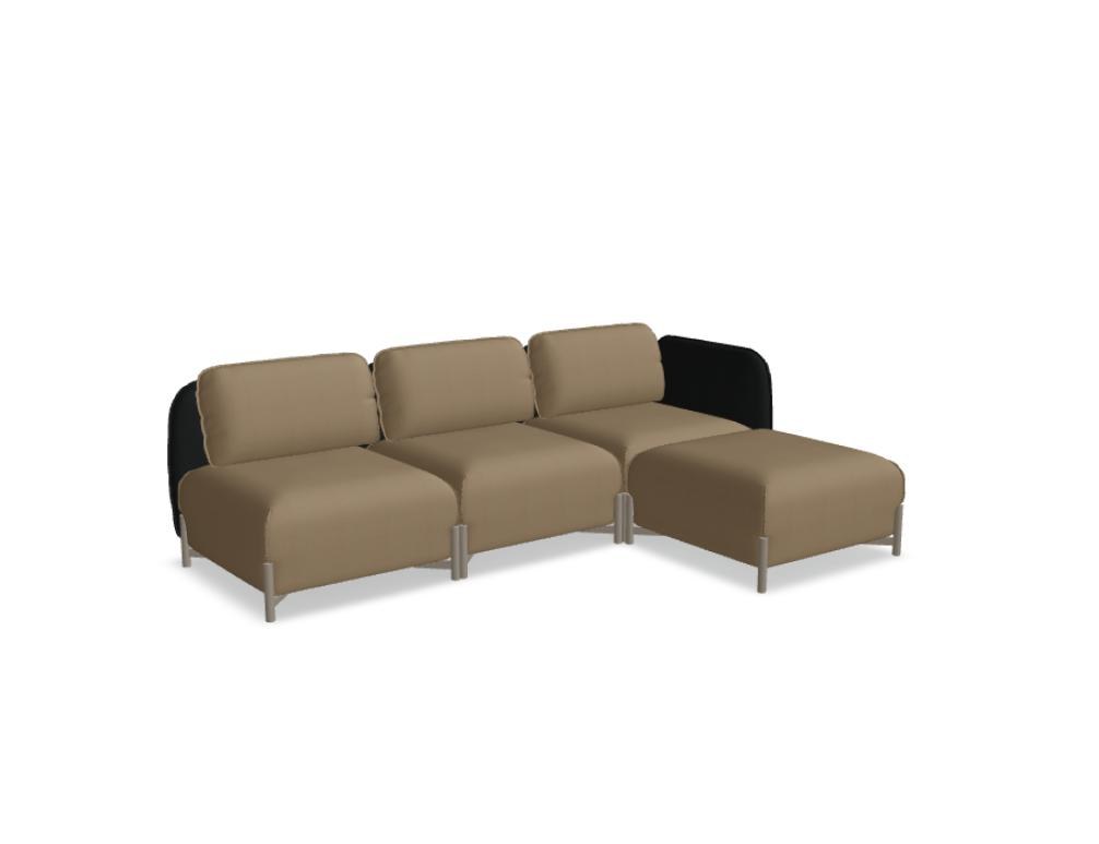 Modulares Sofa Linka von Mdd in Dunkelbeige mit Rückenkissen, Holzgestell und pulverbeschichteten Stahlseiten, gepolsterte Sitzfläche sichtbar.