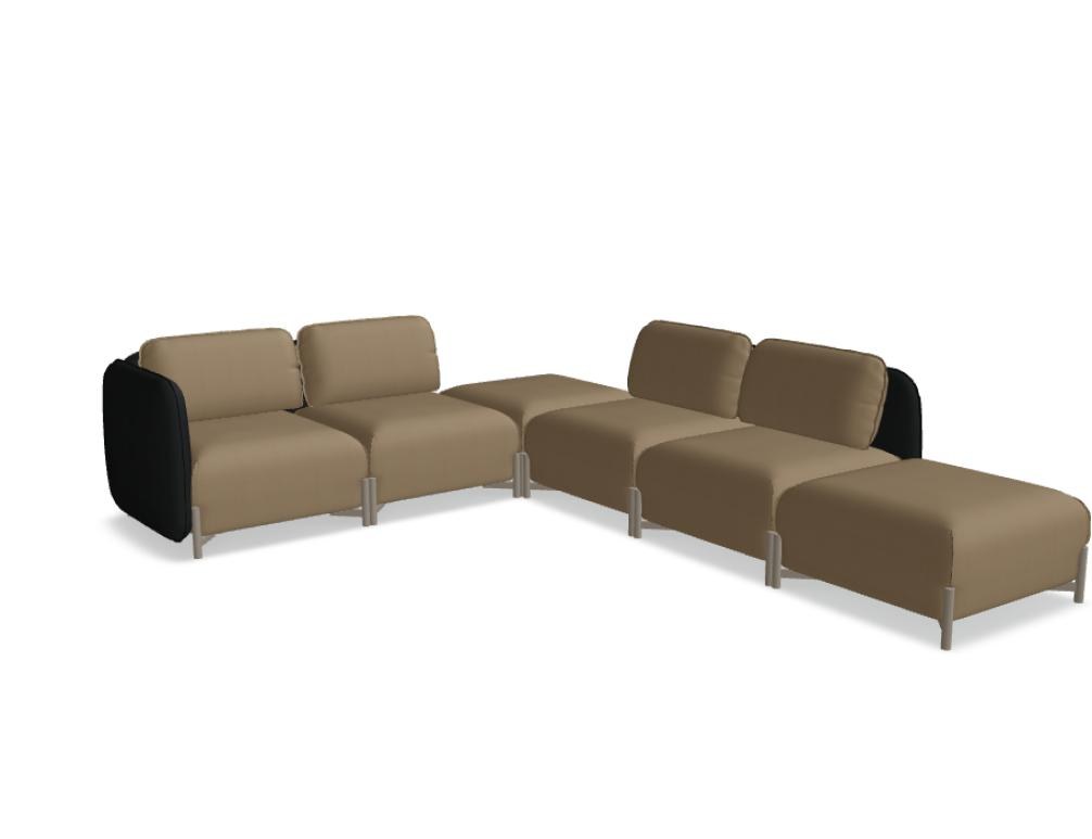 Modulares Sofa Linka von Mdd in Dunkelbeige mit Rückenkissen, Holzgestell und pulverbeschichteten Stahlseiten, gepolsterte Sitzfläche sichtbar.