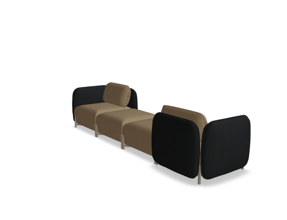 Modulares Sofa Linka von Mdd in Dunkelbeige mit Rückenkissen, Holzgestell und pulverbeschichteten Stahlseiten, gepolsterte Sitzfläche sichtbar.