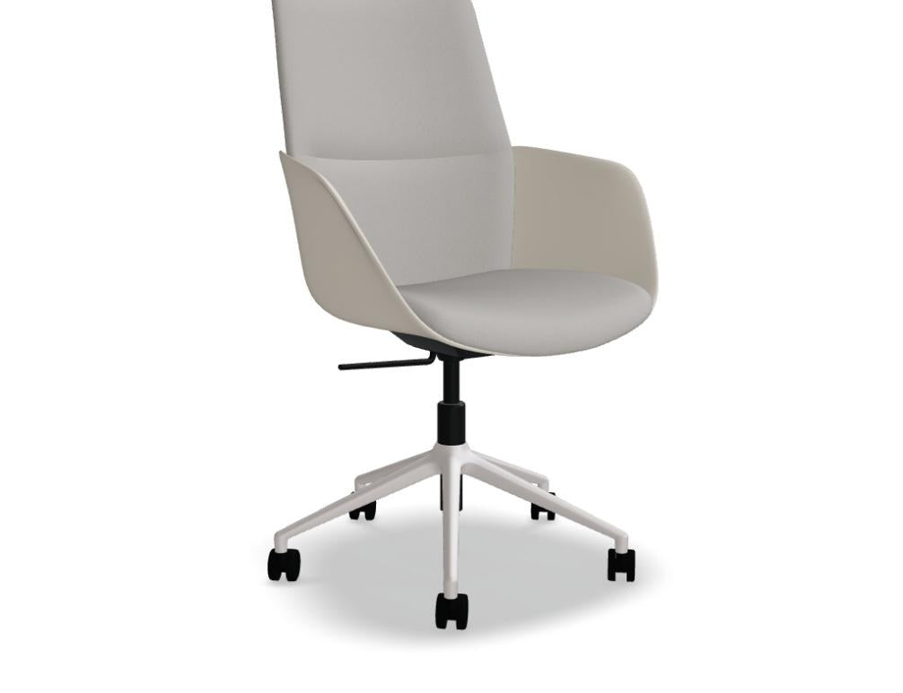 Drehstuhl Senda von Mdd mit Aluminium-Fussgestell, gepolsterter Sitz- und Rückenschale in Beige sowie Armlehnen aus Polypropylen.