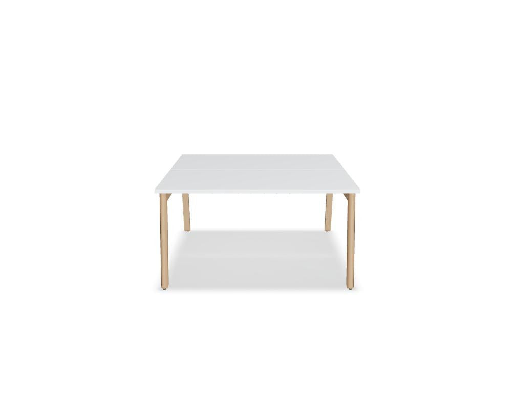 Doppelschreibtisch Ogi B Bench mit weisser Melaminplatte und Gestell aus natürlichem Buchenholz, zwei Arbeitsplätze nebeneinander.