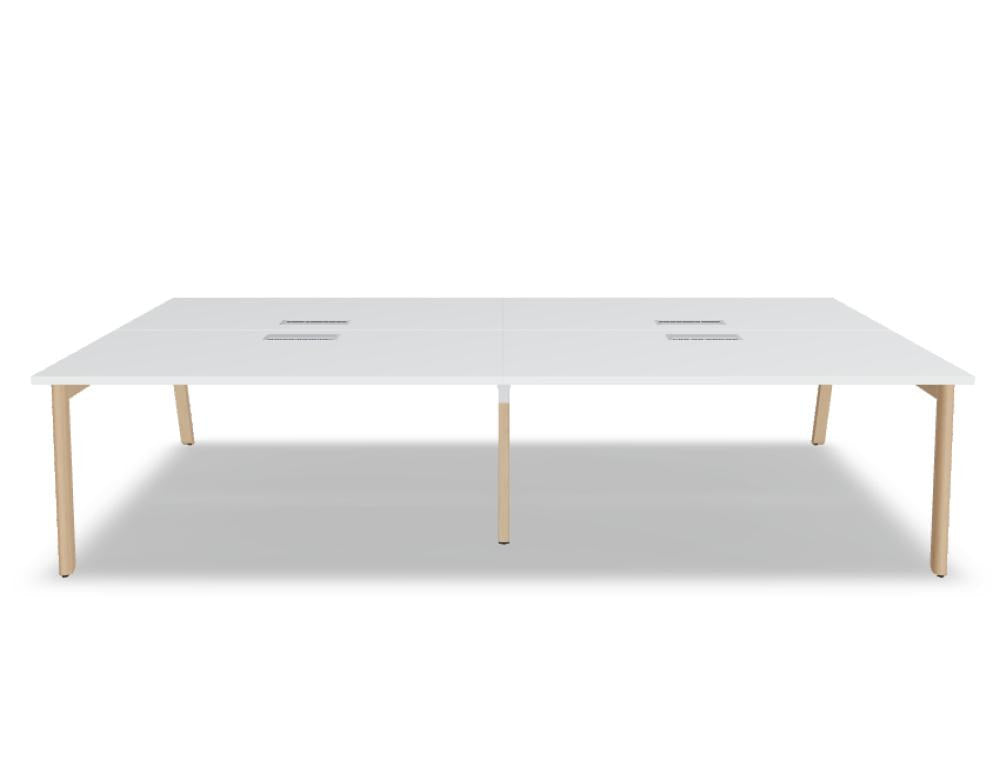 Doppelschreibtisch Ogi B Bench mit weisser Melaminplatte und Gestell aus natürlichem Buchenholz, zwei Arbeitsplätze nebeneinander.