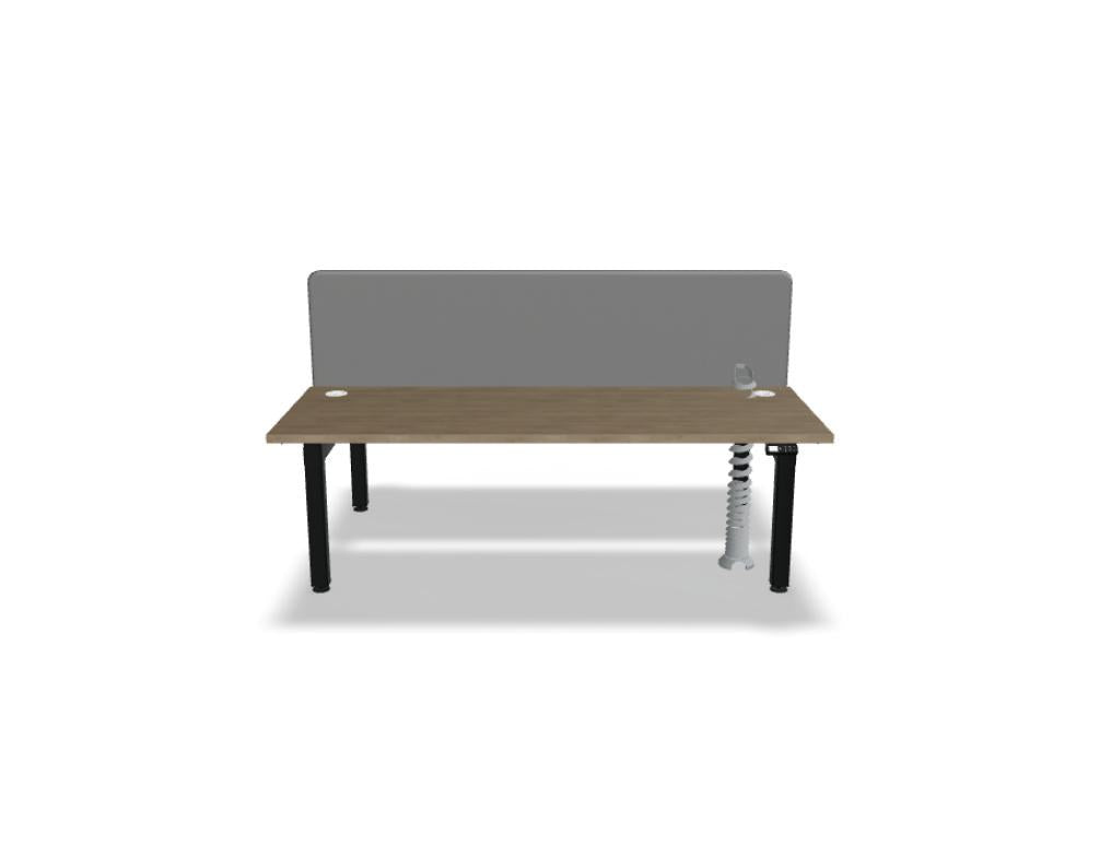 Doppelschreibtisch Ogi Drive Bench in Honigeiche mit schwarzem Metallgestell, zwei Teleskopsäulen und Bedienfeldern für Höhenverstellung.