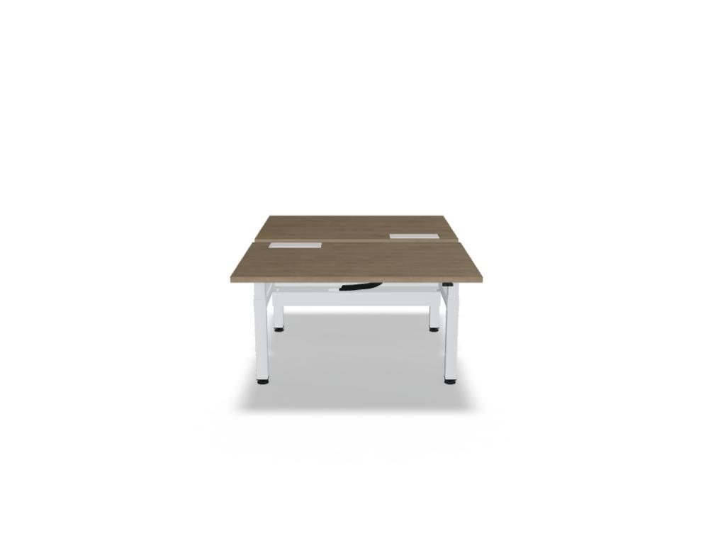 Doppelschreibtisch Ogi Drive Bench von Mdd in Honigeiche mit schwarzem Metallgestell und zweimotorigem Hubmechanismus.