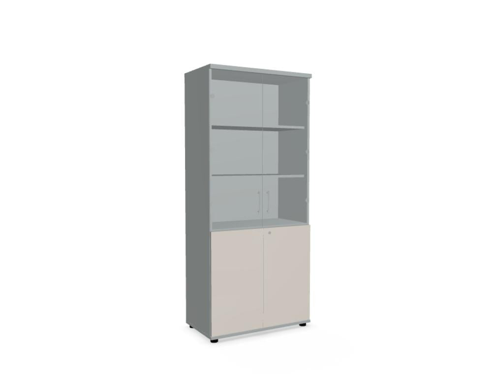 Vitrine mit Front aus Aluminium Satinato, Glastüren mit Aluminiumrahmen und Aluminiumgriffen, fünf Regalböden, Höhe 183 cm.