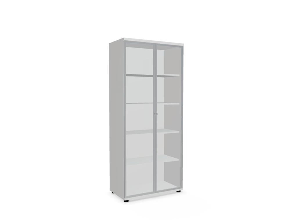 Weisse Vitrine mit zwei Glastüren aus Klarhartglas, vertikalem Aluminiumgriff und Korpus aus Melaminplatte, Modell Standard von Mdd.
