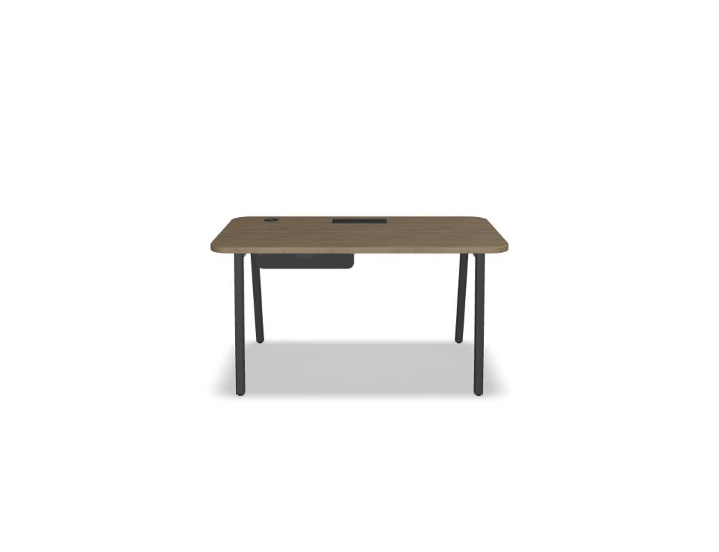 Schreibtisch Ogi M von Mdd mit Tischplatte in Honigeiche und schwarzem Metallgestell im 40x40 mm Profil, schräge Beine.