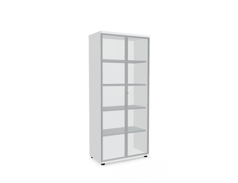 Weisse Vitrine mit zwei Glastüren aus Klarhartglas, vertikalem Aluminiumgriff und Korpus aus Melaminplatte, Modell Standard von Mdd.
