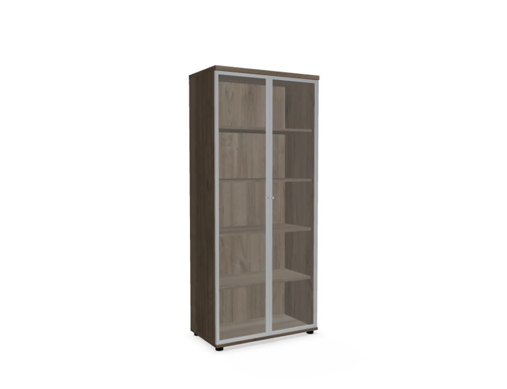 Weisse Vitrine mit zwei Glastüren aus Klarhartglas, vertikalem Aluminiumgriff und Korpus aus Melaminplatte, Modell Standard von Mdd.