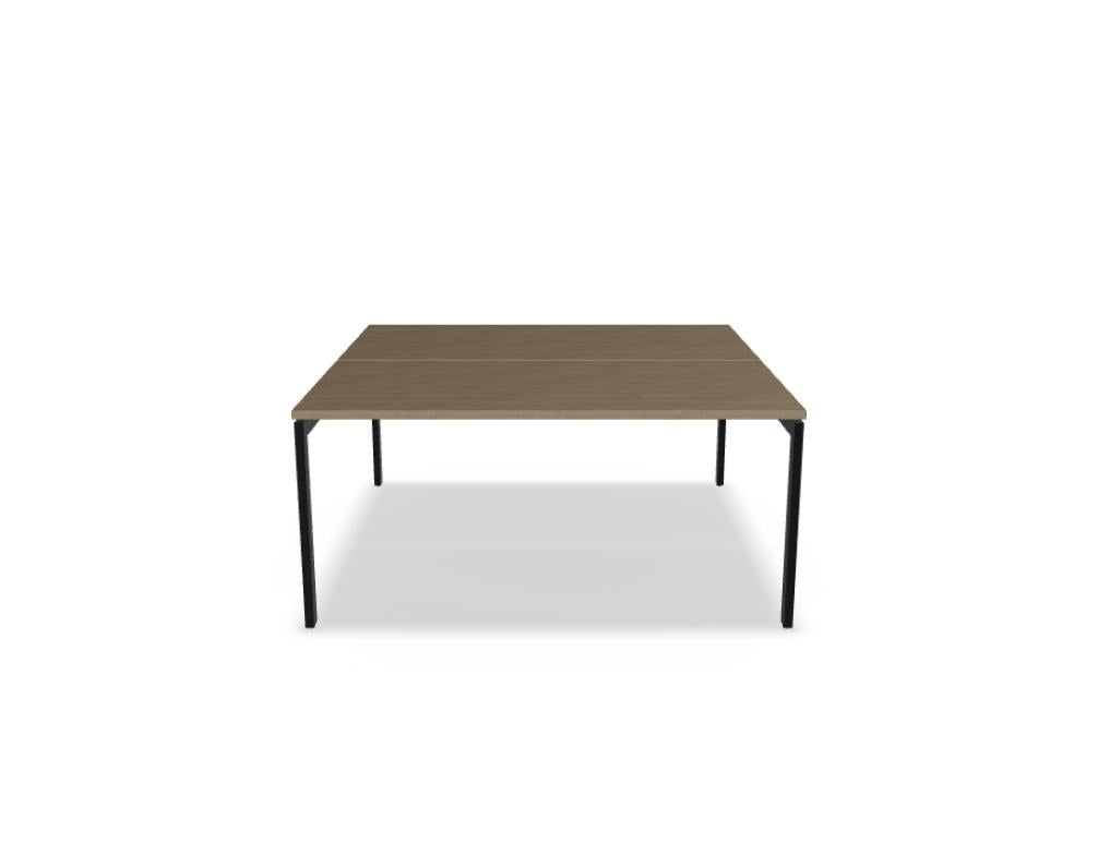 Doppelschreibtisch Ogi U Bench von Mdd mit Melaminplatte in Honigeiche und schwarzem Metallgestell, für zwei Arbeitsplätze.