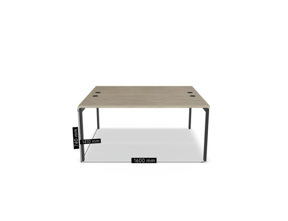 Doppelschreibtisch Ogi U Bench von Mdd mit Melaminplatte in Honigeiche und schwarzem Metallgestell, für zwei Arbeitsplätze.
