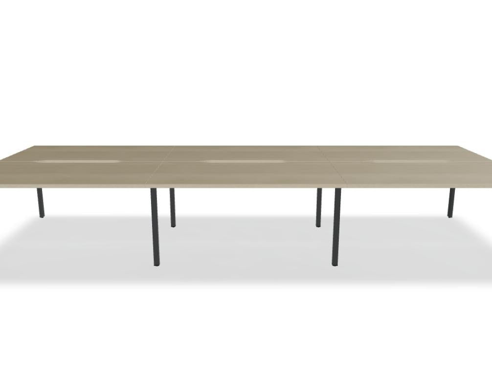 Doppelschreibtisch Ogi U Bench von Mdd mit Melaminplatte in Honigeiche und schwarzem Metallgestell, für zwei Arbeitsplätze.