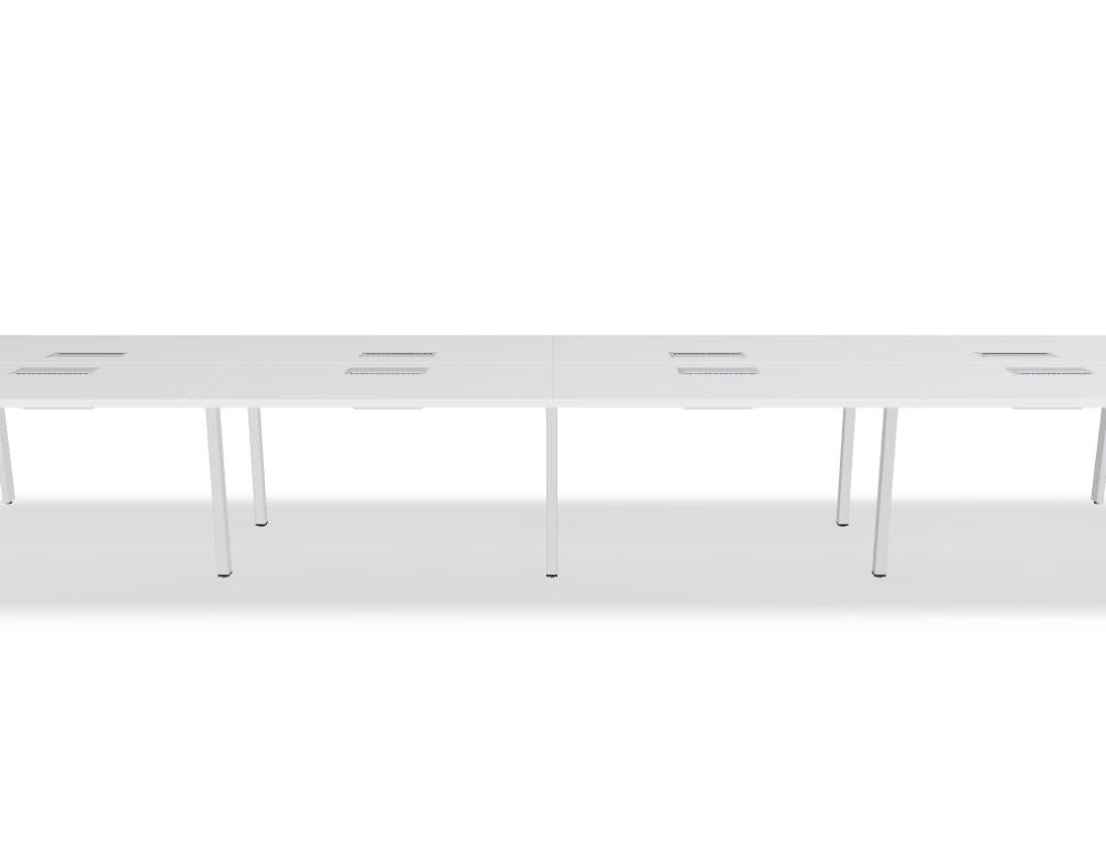 Doppelschreibtisch Ogi U Bench von Mdd mit Melaminplatte in Honigeiche und schwarzem Metallgestell, für zwei Arbeitsplätze.