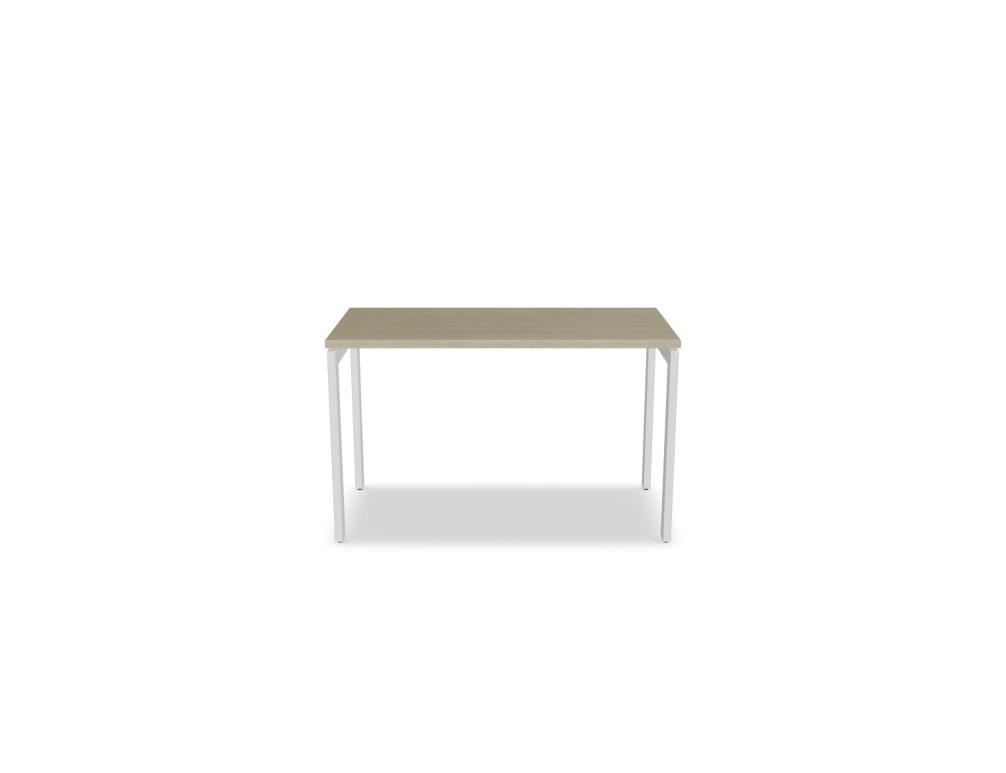 Schreibtisch Ogi U von Mdd mit Tischplatte in Honigeiche und pulverbeschichtetem, schwarzem Metallgestell im minimalistischen Design.