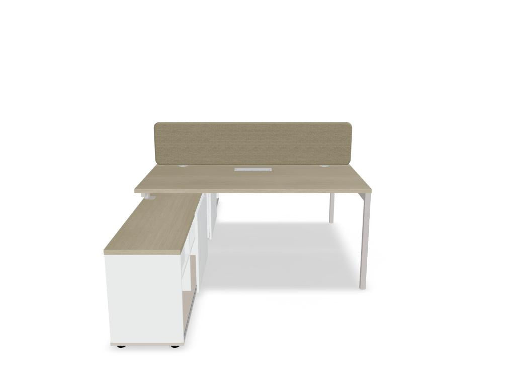 Doppelschreibtisch Ogi Y Bench von Mdd in Honigeiche mit schwarzem Metallgestell, Tischplatte für zwei Arbeitsplätze nebeneinander.