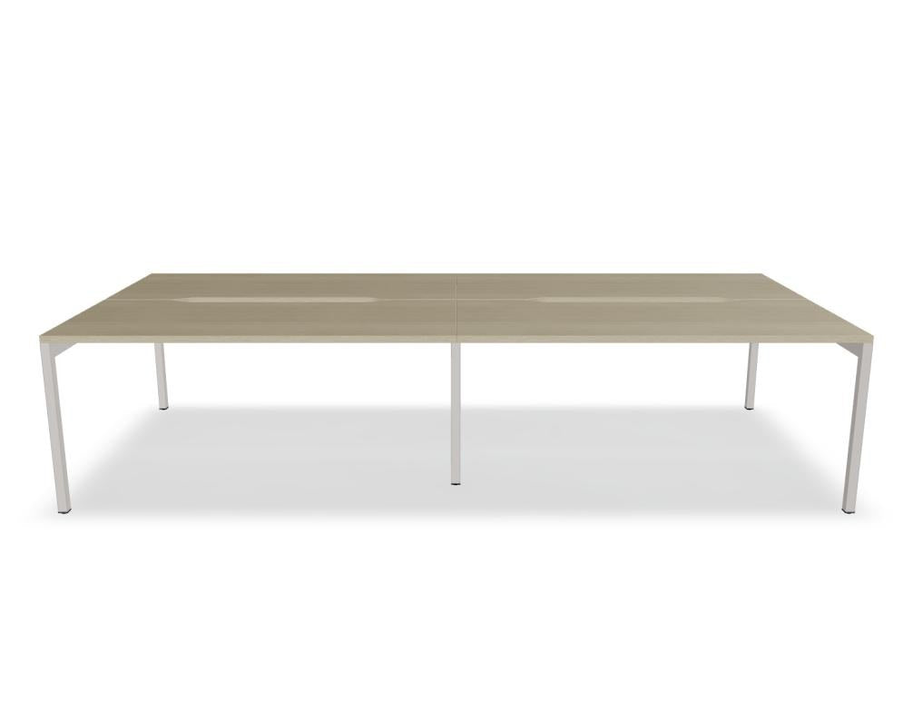Doppelschreibtisch Ogi Y Bench von Mdd in Honigeiche mit schwarzem Metallgestell, Tischplatte für zwei Arbeitsplätze nebeneinander.