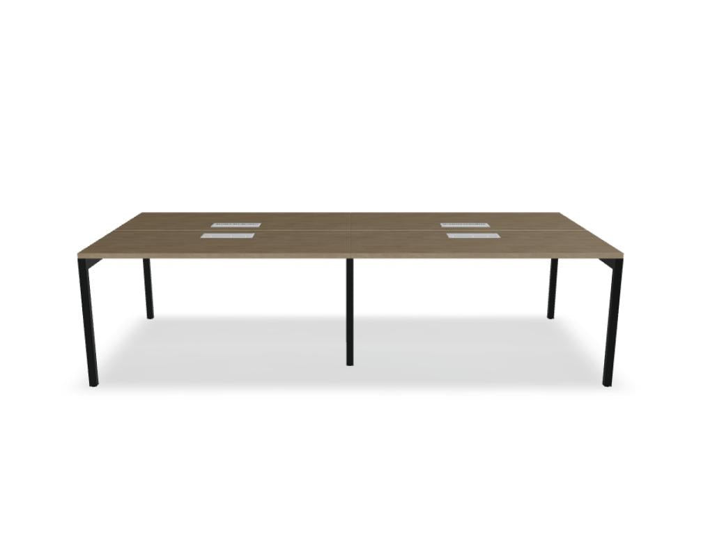 Doppelschreibtisch Ogi Y Bench von Mdd in Honigeiche mit schwarzem Metallgestell, Tischplatte für zwei Arbeitsplätze nebeneinander.