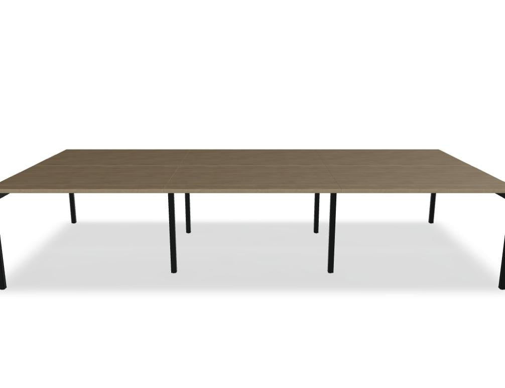 Doppelschreibtisch Ogi Y Bench von Mdd in Honigeiche mit schwarzem Metallgestell, Tischplatte für zwei Arbeitsplätze nebeneinander.