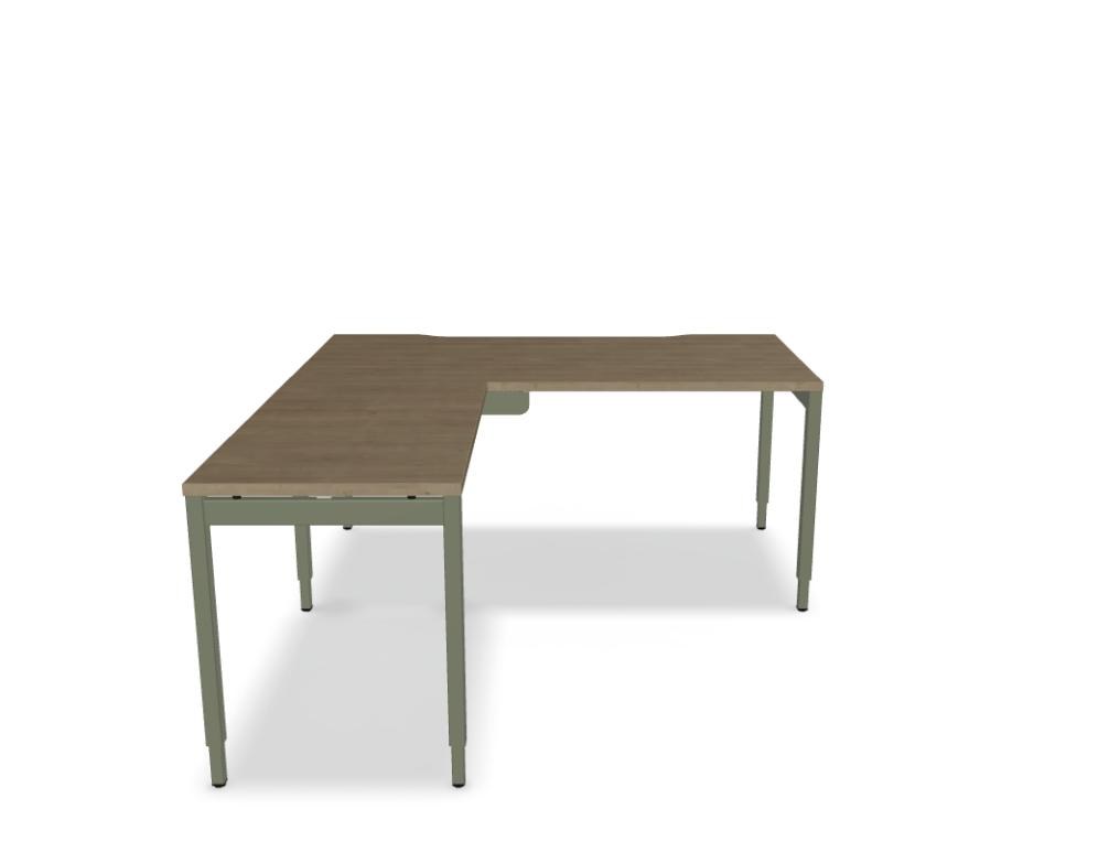 Foto des Ogi Y Schreibtisches von Mdd in Honigeiche mit schwarzem, halbmattem Metallgestell und manueller Höhenverstellung von 640 bis 860 mm.