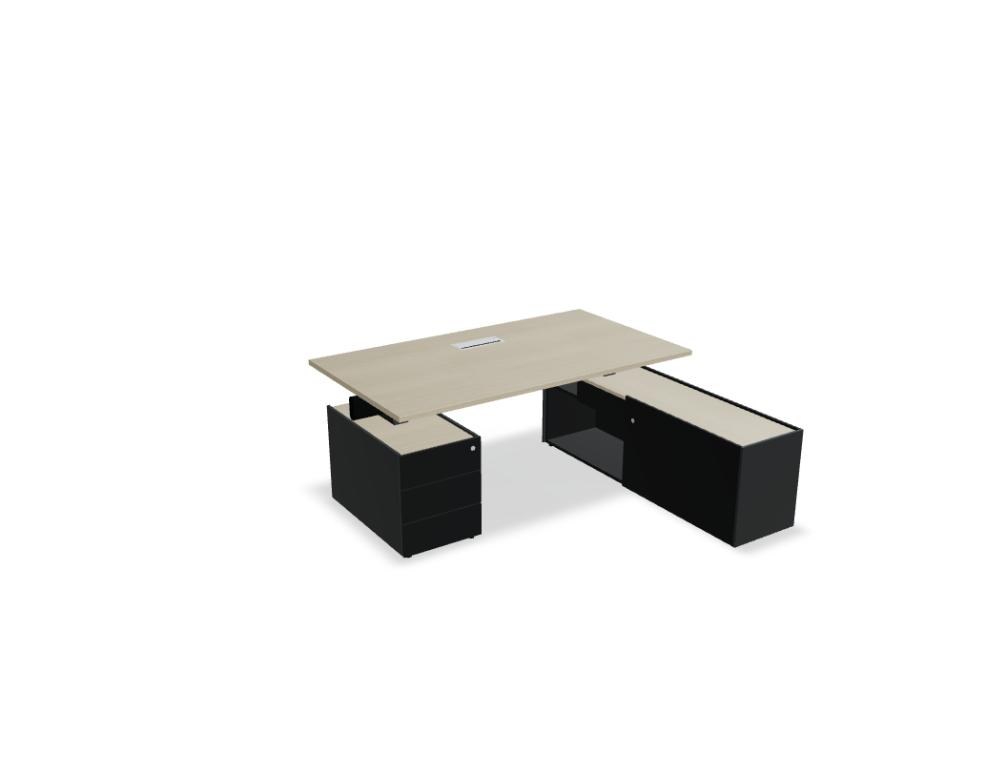 Chefschreibtisch Viga in Dunkler Walnuss mit Aluminiumgestell, Managerschrank und Rollcontainer aus Holzfurnier, Ansicht von vorne.