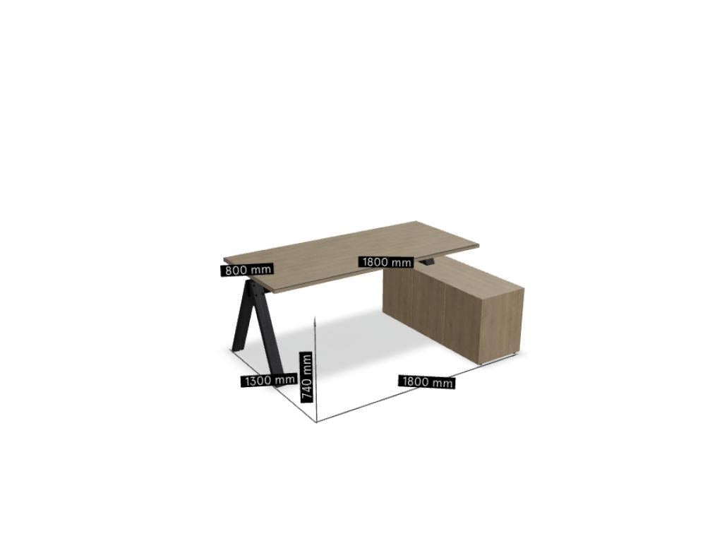 Schreibtisch Viga mit Managerschrank in Holz hell, Aluminiumgestell schwarz, Eichenfuss, Schiebetüren und Schubladen am Korpus.