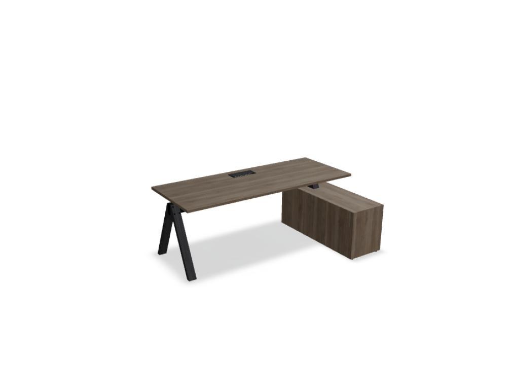 Schreibtisch Viga mit Managerschrank in Holz hell, Aluminiumgestell schwarz, Eichenfuss, Schiebetüren und Schubladen am Korpus.